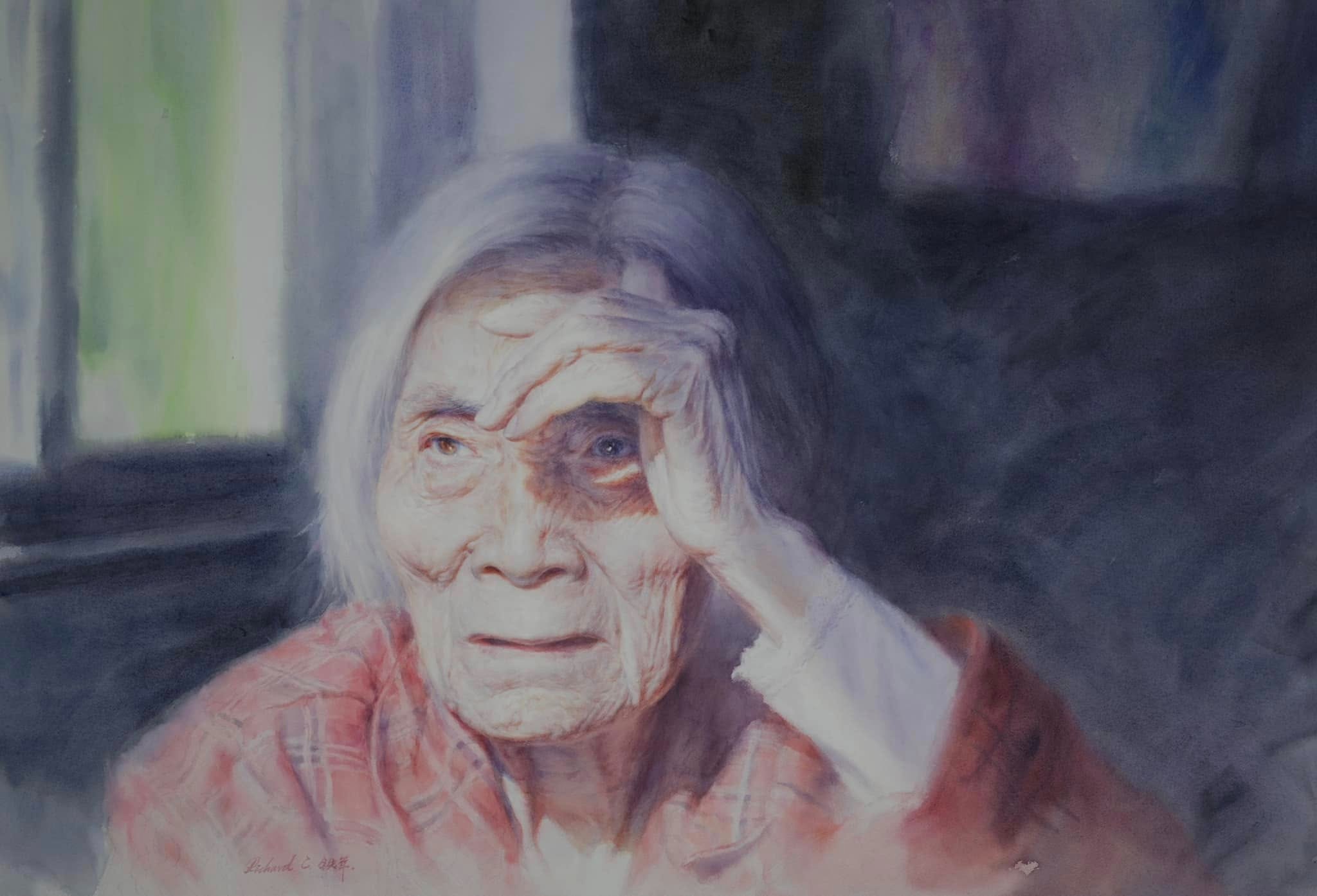 Elderly woman resting her head on her hand. Watercolour, Richard Tiejun Chao.