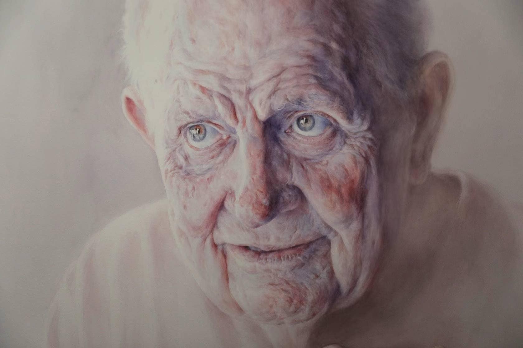 Smiling elderly man, close portrait. Watercolour, Richard Tiejun Chao.