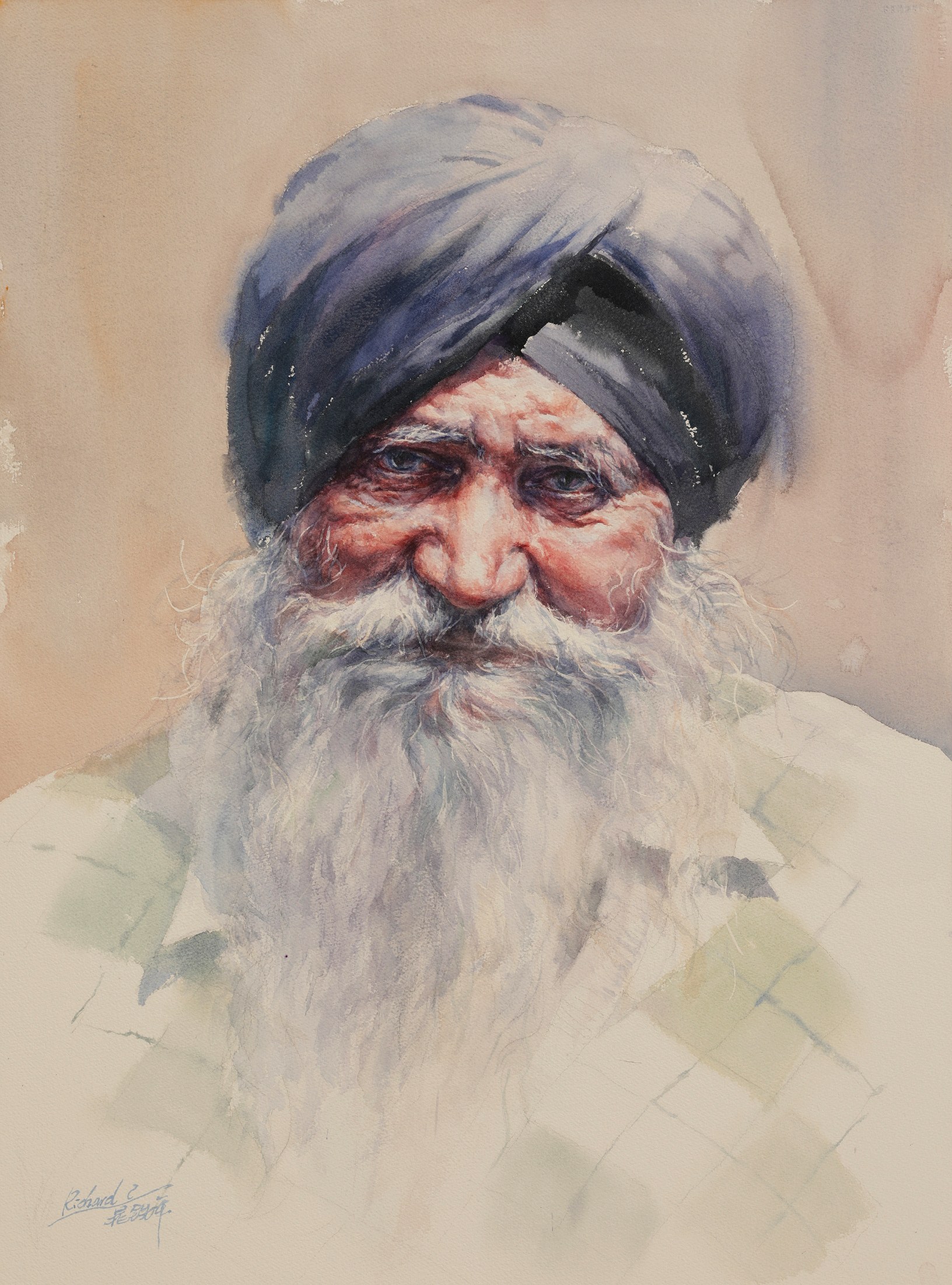 An Old Sikh Man. Watercolour, Richard Tiejun Chao.