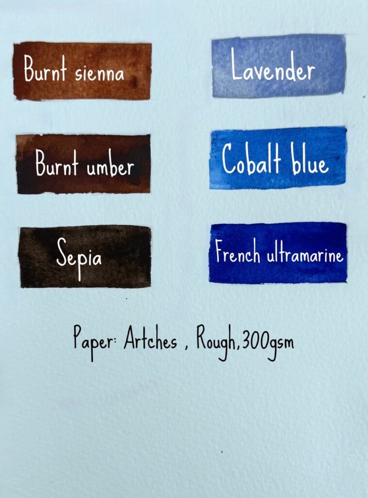 Burnt Sienna, Burnt Umber, Sepia, Lavender, Cobalt Blue, French Ultramarine. Arches Rough 300gsm.