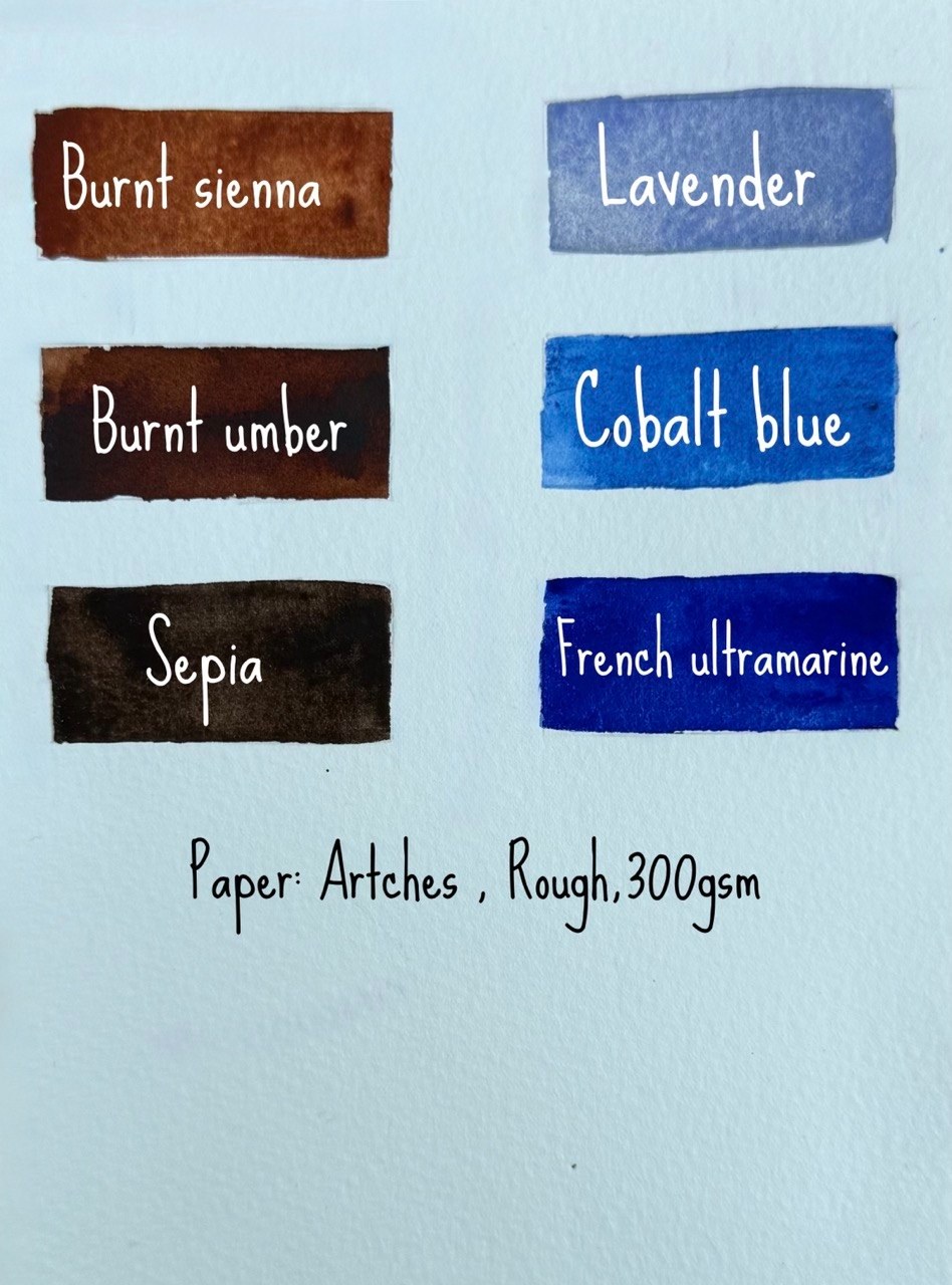 Burnt Sienna, Burnt Umber, Sepia, Lavender, Cobalt Blue, French Ultramarine. Arches Rough 300gsm.