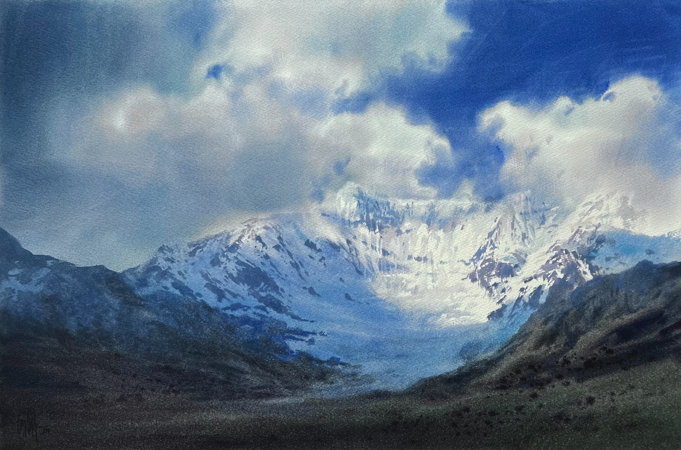 Snow peaks beneath rolling cloud. Watercolour, Jorge Corpuna.