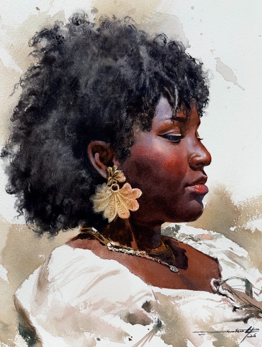 Woman with a gold earring. Watercolour, Jung Hun-sung.