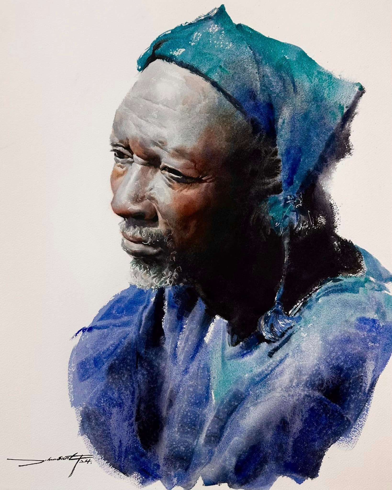 Man in a blue headscarf. Watercolour, Jung Hun-sung.