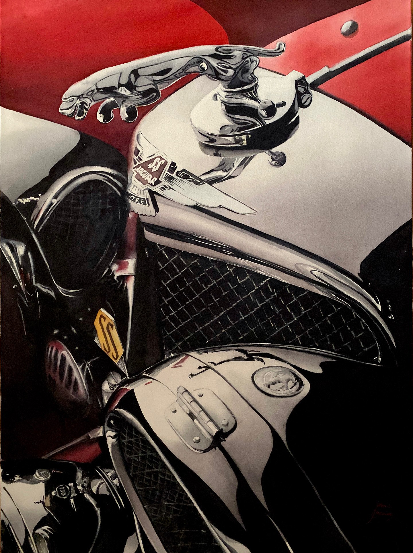 Jaguar radiator grille and headlamp. Watercolour, Mona Omrani.
