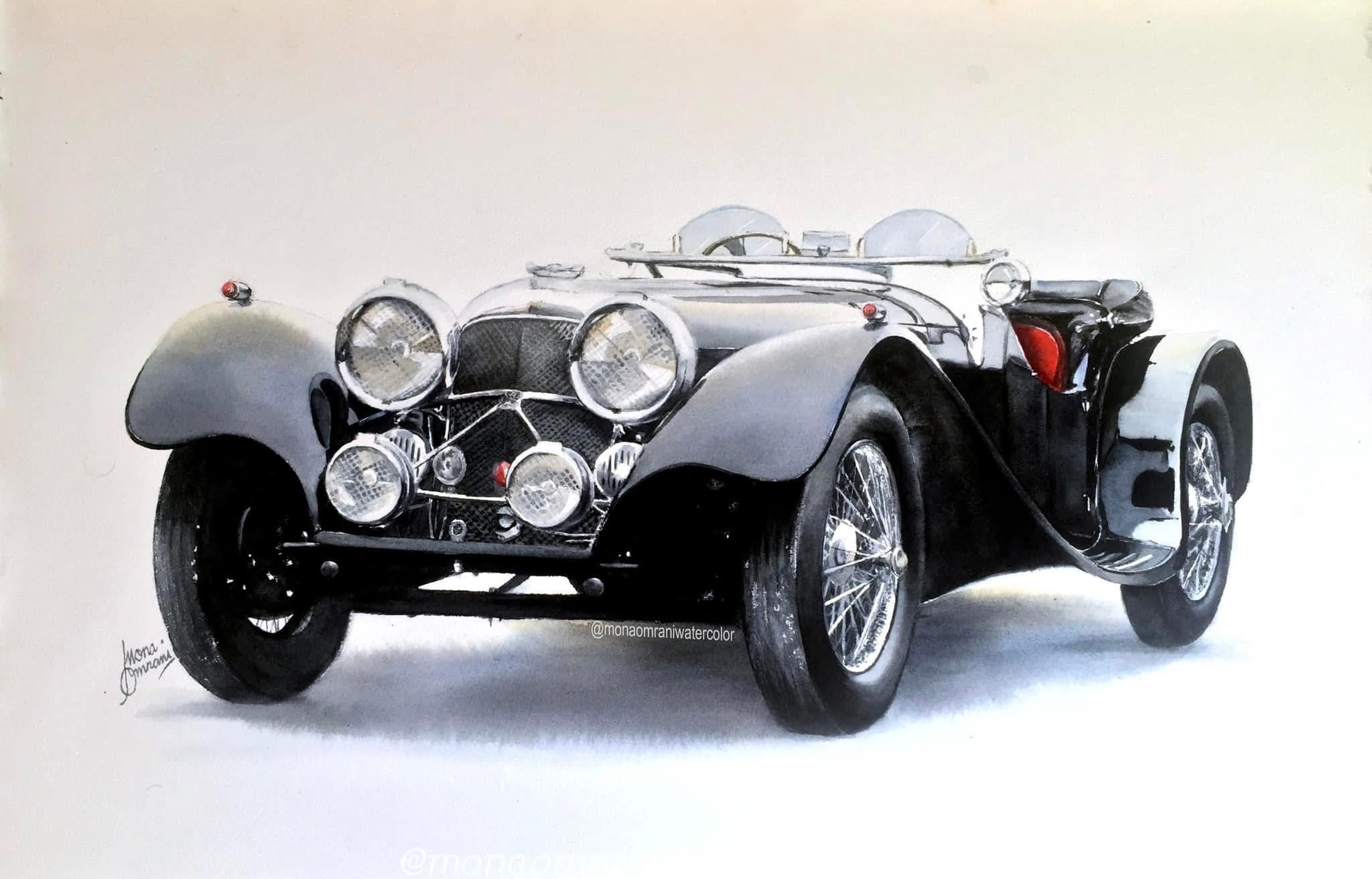 Jaguar SS100 roadster. Watercolour, Mona Omrani.
